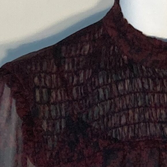 Who What Wear SZL Black sheer top wine print Smocking Whimsigoth Fairy Boho Chic - Picture 5 of 8